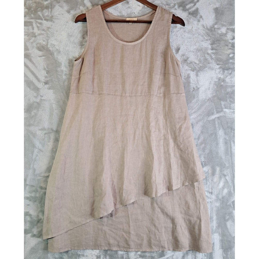 Ambra Italy Womens Linen Dress Medium Tan Beige Sleeveless Asymmetric Layered